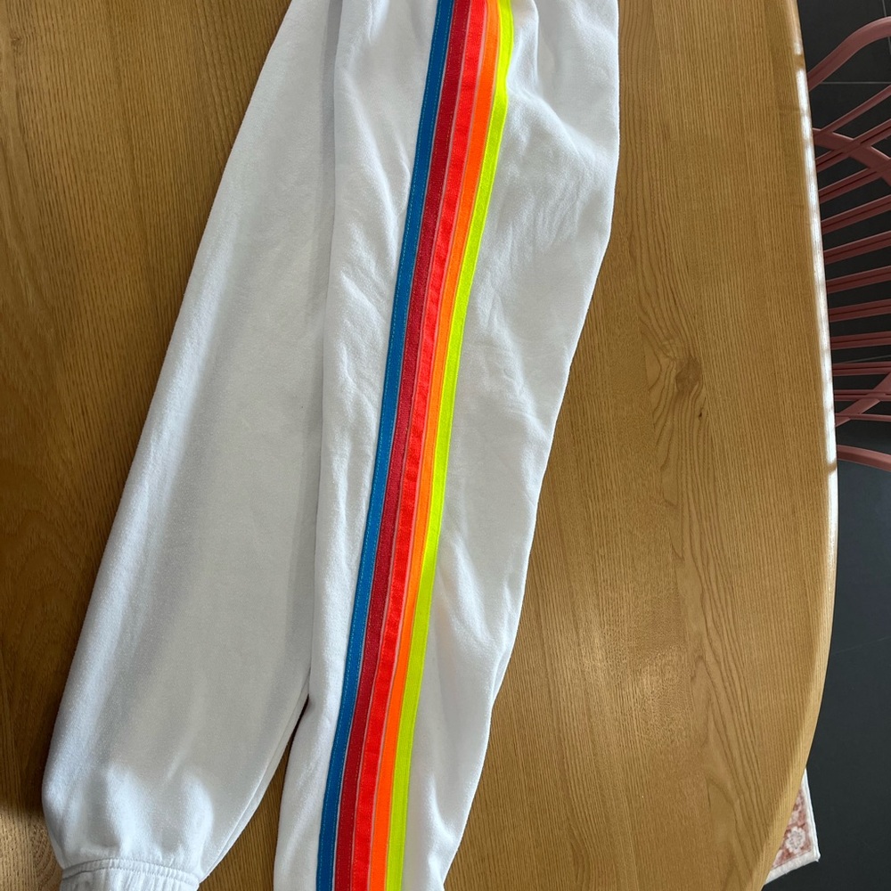 Aviator Nation White Joggers with Rainbow Stripes